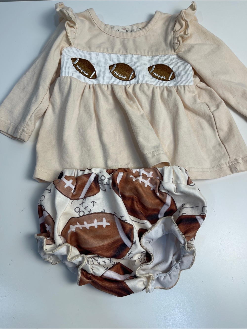 Cream Ruffle Football Accent Top with Football-Print Diaper Cover 3-6 months